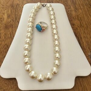 Pearl Necklace and Turquoise Cocktail Ring